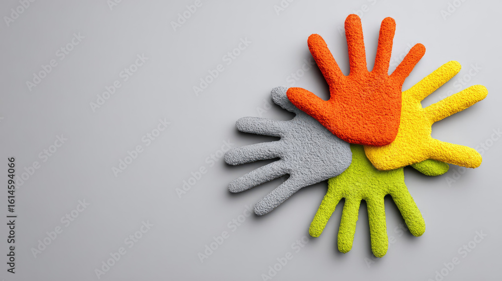 Poster colorful textured hand shapes arranged in circle on gray background