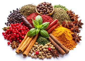 Fototapeta premium white and Assortment of colorful spices and peppercorns isolated on white background