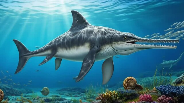 A Shonisaurus swims with fish past corals and ammonites