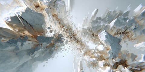 3D Render of a Fractured Crystalline Structure with Sharp Edges and Facets, Evoking a Sense of Geological Formation and Mineralogical Beauty, Ideal for Science and Design Projects