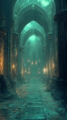 Walking Through Stone Arches Hallway with Candle Lights and Fog