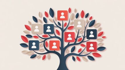 Simplified Genealogy Tree with Red and Blue Boxes and User Symbols