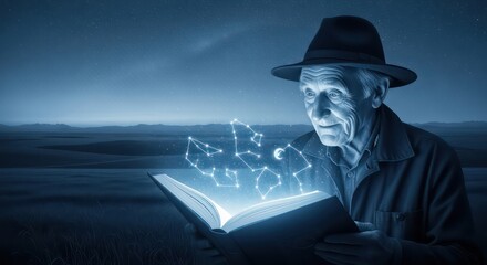 An elderly man in a hat gazes at glowing constellations magically rising from an open book.