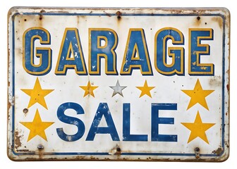 white and Vintage yellow and blue garage sale sign with stars isolated on white background