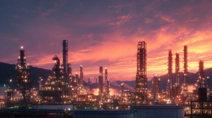 Obraz premium Industrial landscape, refinery, sunset, machinery, smoke, silhouette, energy production