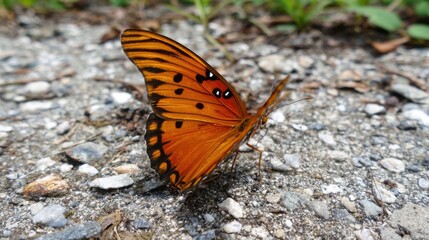 A striking orange butterfly with black spots sits on a gravel surface, revealing its intricate wing patterns under bright sunlight. Surrounding greenery adds to the natural beauty.