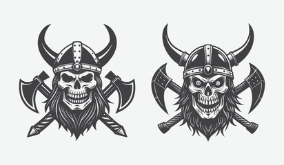 Two viking skull emblems with crossed axes and horned helmets silhouette isolated on white background