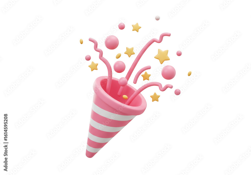 Poster a pink and white striped party popper exploding with confetti and streamers isolated on transparent 