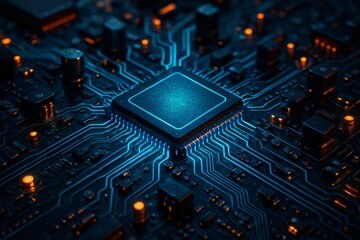 High-tech circuit board background, abstract digital technology presentations, electronic components, digital infrastructure, blue tech theme, modern electronics evolution expansion background image