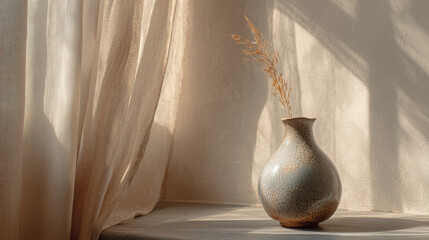 Ceramic vase with dry plant on table by sheer fabric curtains  
