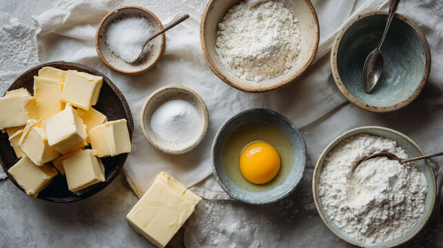 Ingredients for baking with butter, flour, sugar, and egg on table  