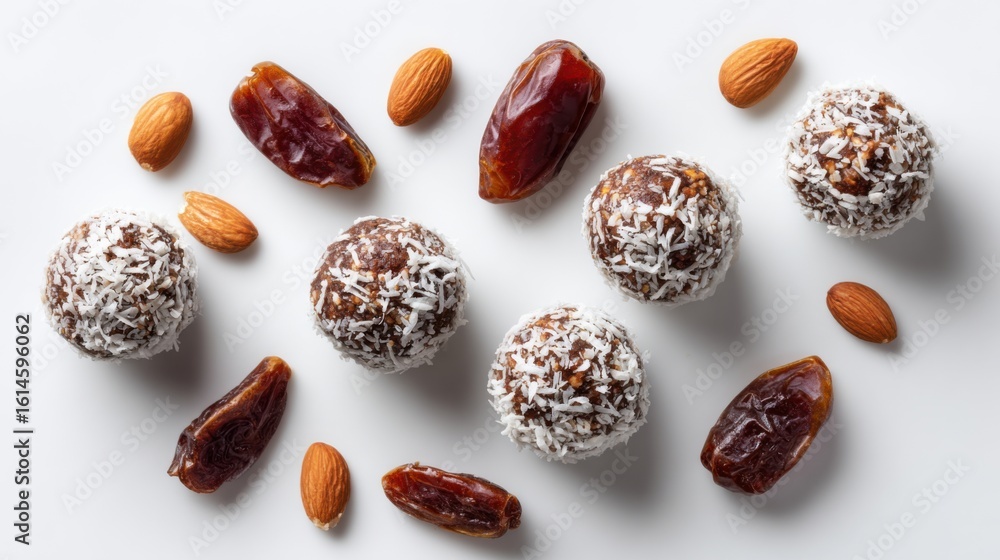 Poster colorful energy balls made from dates, almonds, and coconut flakes are artfully arranged. whole almo