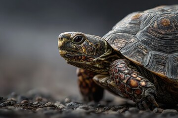 Obraz premium Realistic portrait of a turtle walking on pebbles in a natural setting during the daytime