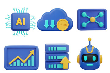 3D technology and AI icons with cloud storage, data upload, artificial intelligence chip, share node, and server stack


