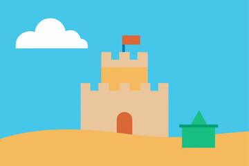 Sand Castle with Toy Bucket and Sea Background