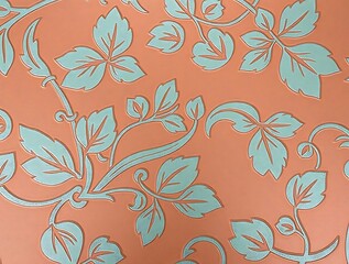 Elegant botanical pattern with turquoise leaves on a peach background surface