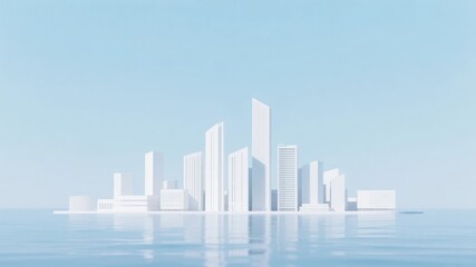 Fototapeta premium Minimalist White Cityscape Reflected in Calm Water Under Clear Sky