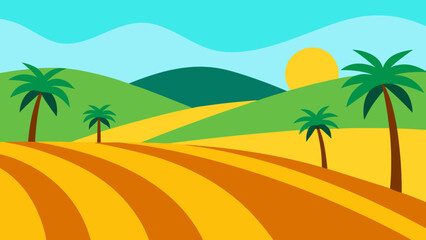 Summer Landscape with Rolling Hills and Palm Rows