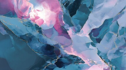 Dreamy Abstract Painting of Fluid Art with Pink, Blue, and Gold Veins