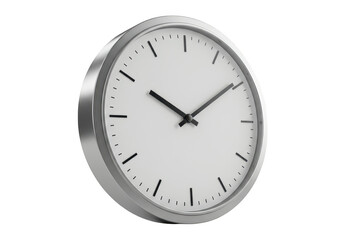 A modern, minimalist wall clock with black hands on a white face, isolated on a transparent background