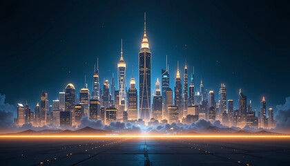 Fototapeta premium Futuristic cityscape at night with illuminated skyscrapers and a glowing horizon line in the distance