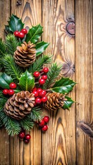 Fototapeta premium Wooden festive decoration with holly branches