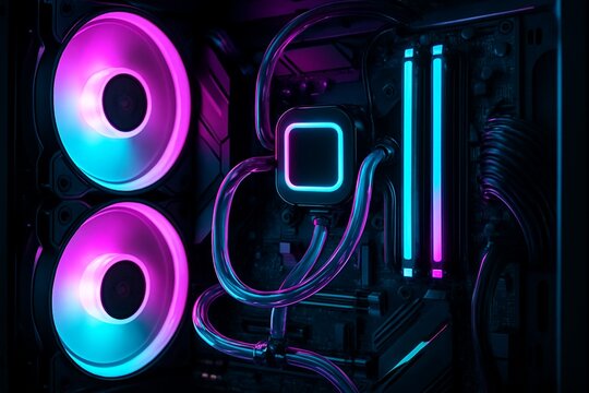 gaming workstation battle station custom pc building rgb illuminated computer setup interior cyan magenta