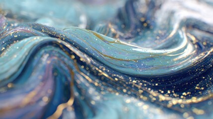 Dreamy Close up of a Flowing, Marbled Texture with Gold Accents, Featuring Shades of Blue and Turquoise