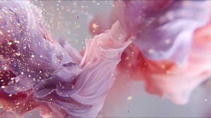 Dreamy 3D Render of a Flowing Fabric with Glittering Particles, Showcasing Soft Pink and Lavender Tones, Ideal for Beauty and Fashion Projects