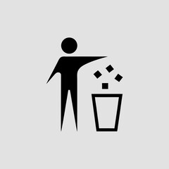 Black silhouette of person throwing trash into bin on white background garbage