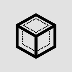 Black wireframe cube with dashed lines on white background geometric shape
