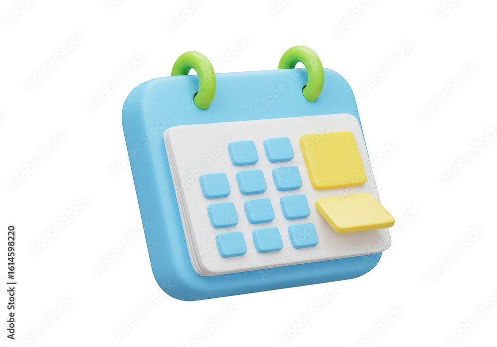 Poster a 3d render of a blue calendar with green spiral binding and yellow pages isolated on a transparent 