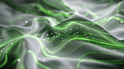 Abstract wavy landscape with green lines and white dots in a futuristic style