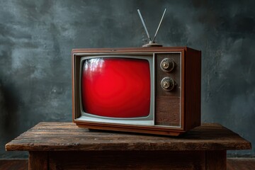 Retro television displaying a red screen indicating technical difficulties, placed on a wooden table against a textured gray background