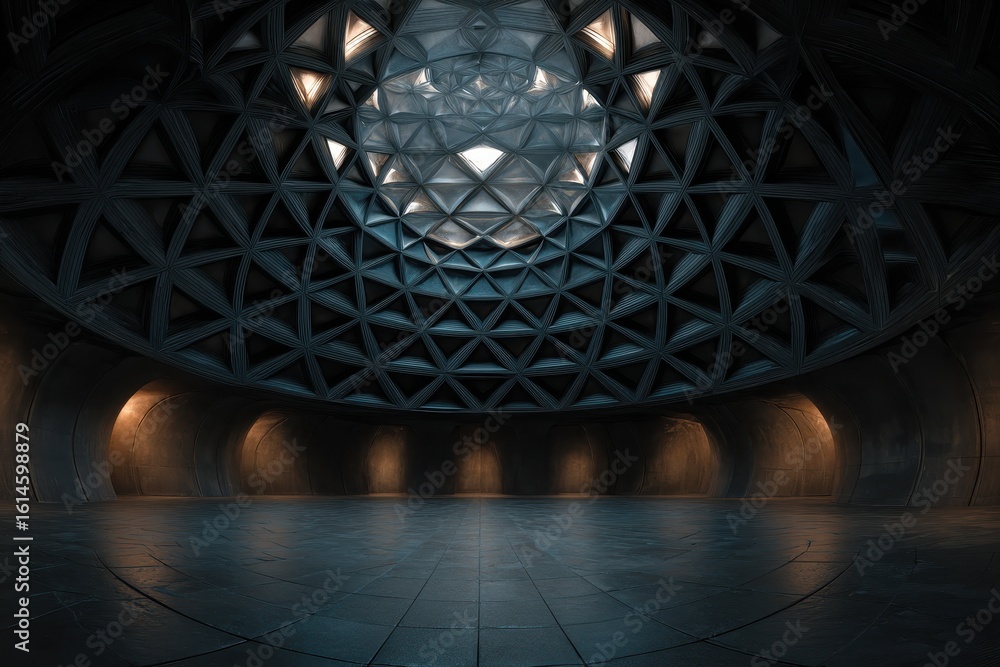 Poster futuristic dark geometric architectural environment showcasing a round organic shape with intricate 