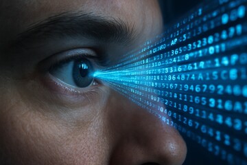 Stream of glowing blue data flowing into a human eye, concept of digital age. Person connected to the internet, processing big data. A visual representation of information and data flow.