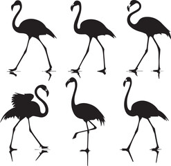 Fototapeta premium Playful Pink Flamingos Cartoon Illustration – Six Stylized Birds Standing on One Leg