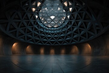 Futuristic dark geometric architectural environment showcasing a round organic shape with intricate patterns and ambient lighting