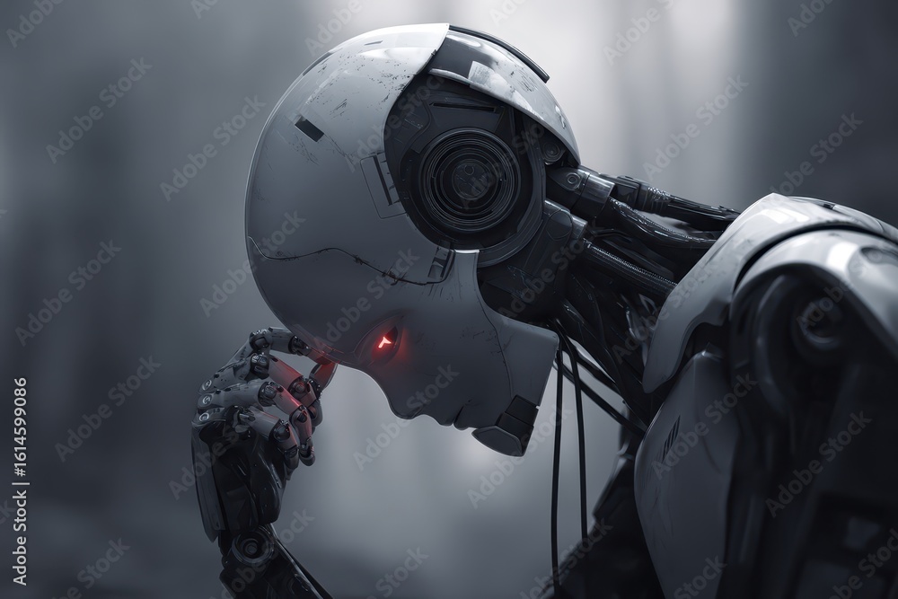 Poster cinematic portrayal of a realistic ai robot in a futuristic factory setting, showcasing intricate de