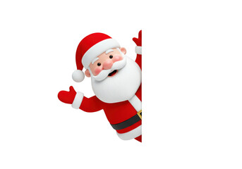 A cheerful cartoon santa claus peeking around a corner with a thumbsup isolated on transparent background