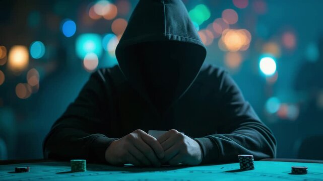 A hooded poker player sits at the casino table, surrounded by a blurred night tournament scene, creating an air of mystery and intensity. The video offers ample space for adding text or graphics.