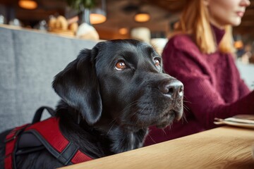 Black Labrador guide dog assisting a blind person in a cafe during morning hours, showcasing loyalty and companionship in a bustling environment