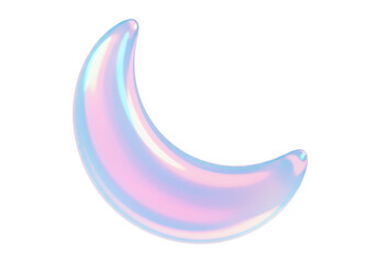 A shimmering iridescent crescent moon glows with pastel colors against a transparent background
