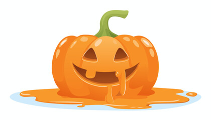 Cheerful Halloween pumpkin melting down in an orange pool, still smiling through the goo.