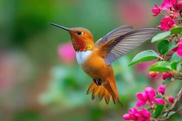 Fototapeta premium Elegant hummingbird hovering among vibrant pink flowers in a tropical garden