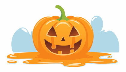 Melting carved pumpkin with playful expression, dripping on the floor in Halloween style.