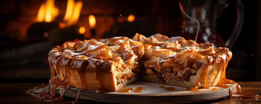 Caramel pie dessert with rich sweet sauce dripping over flaky pastry on wooden board warm cozy background firelight glow