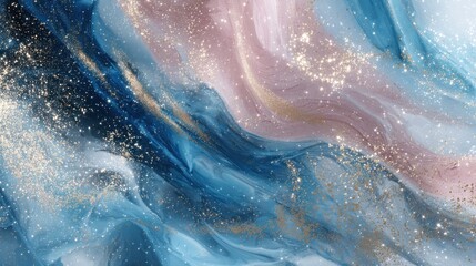 Fototapeta premium Dreamy Fluid Art with Golden Glitter Accents, Featuring Swirling Blue and Pink Hues, Evoking a Sense of Calm and Luxury