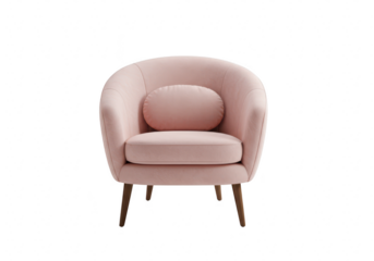 A plush pink armchair with a round back cushion and wooden legs, isolated on a transparent background
