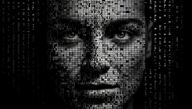 Digital face composed of black and white pixelated square pixels and binary code creating mysterious futuristic expression dark background with